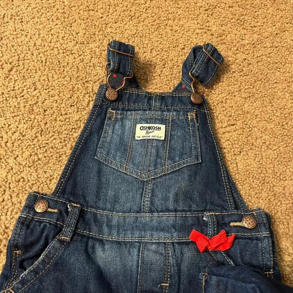 OshKosh B'Gosh Jean Overalls Baby Girls Size 24 Months w/ Red Bow Dark Wash